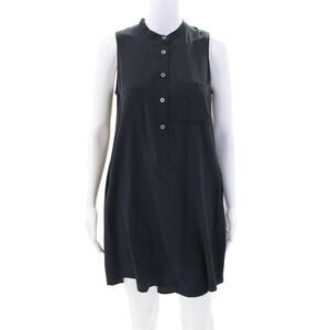 Nieves Lavi Womens Half Button Crew Neck Silk Pocket Dress Navy Blue Size Medium